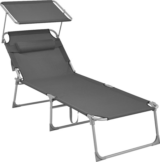 ACAZA Ligstoel XL - Ligbed - Ligstoel Tuin - Extra breed - Ligbed met Hoofdsteun, Zonnescherm & verstelbare Rugleuning - Ligstoelen inklapbaar - 71 x 193 x 29,5 cm - tot 150 kg Belastbaar - Grijs van Merkloos