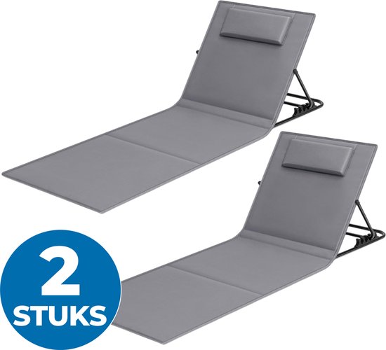 ACAZA Strandmat - Set van 2 - Grijs - Luxe Strandmatras - 4 standen - Inclusief Kussen en Opbergvak - Inklapbaar van Merkloos