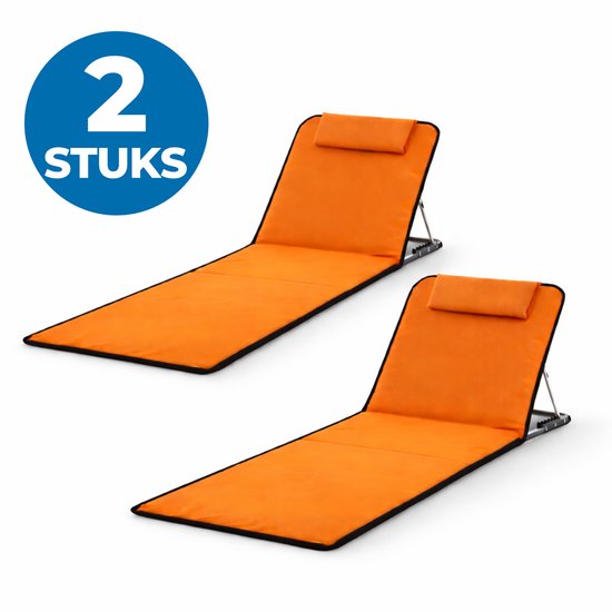 ACAZA Strandmat - Set van 2 - Oranje - Luxe Strandmatras - 5 standen - Inclusief Kussen en Opbergvak - Inklapbaar