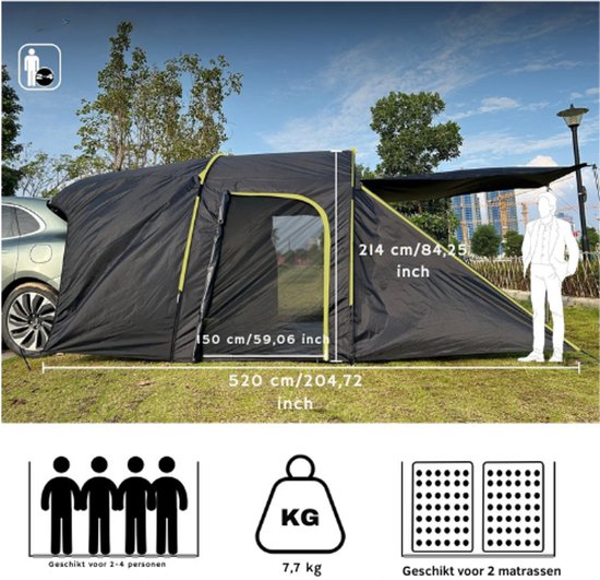Achtertent Voor Auto SUV – Grote 6-Persoons Waterdichte Achterkleptent Met Luifel – 300x300x220cm – Auto Kampeertent Met 3000mm Waterkolom – Ideaal Voor Outdoor, Reizen En Kamperen van Merkloos