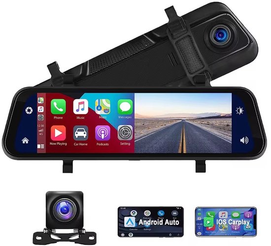 Achteruitkijkspiegel | Ingebouwde Dashcam | Carplay & Android Auto | Voor Elk Voertuig | Inclusief Achteruit Camera | Navigatie van Merkloos