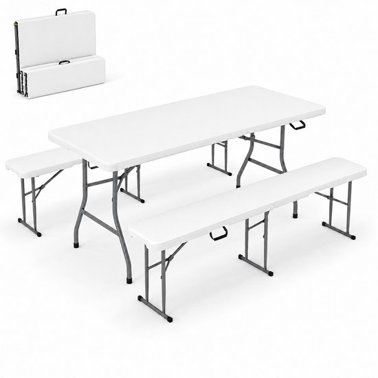 ADSafety Inklapbare Tafel met 2 Tuinbanken - Campingtafel - Picknicktafelset - Klaptafel Buiten - Wit van ADSafety