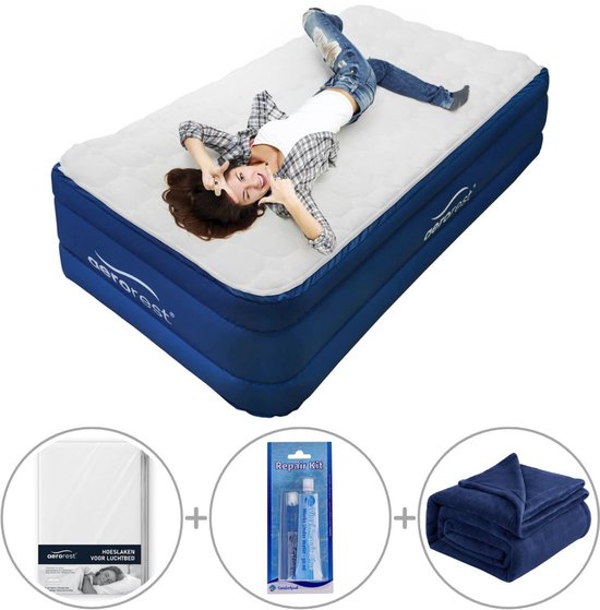 AeroRest 1-persoons luchtbed | 210 x 99 x 51 cm | Afritsbaar topmatras | Inclusief bijpassend hoeslaken + reparatiekit + fleece deken van Merkloos