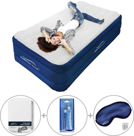 AeroRest 1-persoons luchtbed | 210 x 99 x 51 cm | Afritsbaar topmatras | Inclusief bijpassend hoeslaken + reparatiekit + slaapmasker van Merkloos