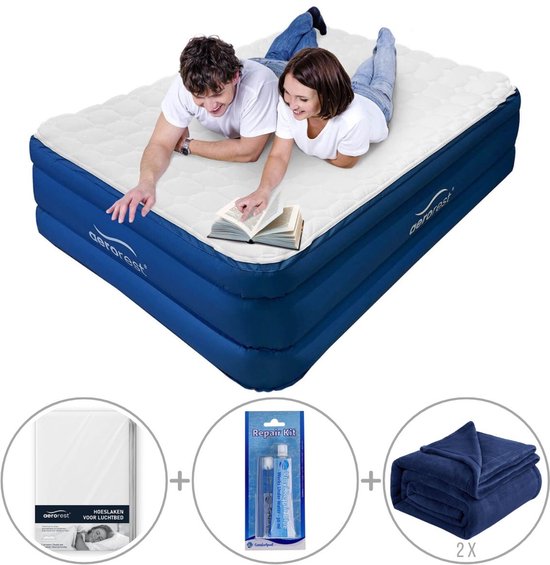 AeroRest 2-persoons luchtbed | 210 x 152 x 51 cm | Afritsbaar topmatras | Inclusief bijpassend hoeslaken + reparatiekit + twee fleece dekens van Merkloos