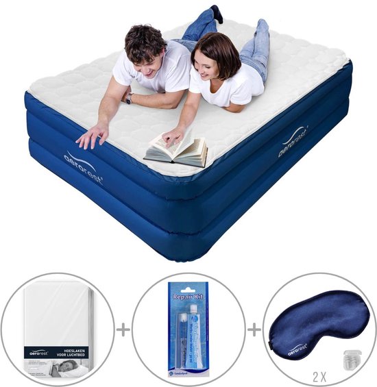 AeroRest 2-persoons luchtbed | 210 x 152 x 51 cm | Afritsbaar topmatras | Inclusief bijpassend hoeslaken + reparatiekit + twee slaapmaskers van Merkloos
