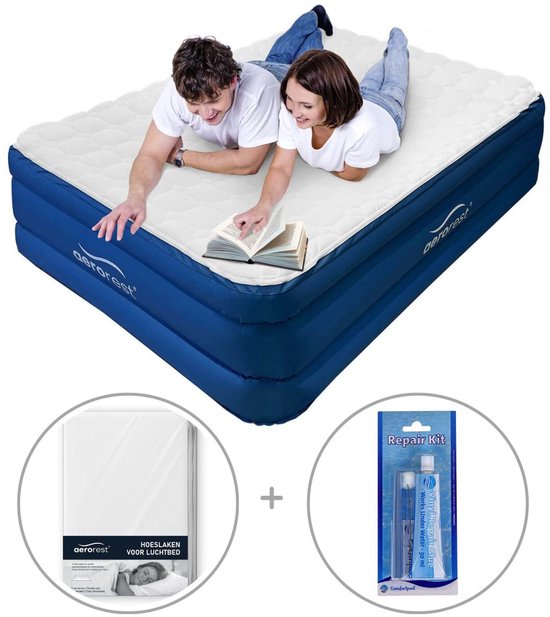 AeroRest 2-persoons luchtbed - Extra lang - 210 cm - Afritsbaar topmatras - Inclusief bijpassend hoeslaken + reparatiekit - Ideaal luchtbed voor langere personen - XL luchtbed - 210 x 152 x 51 cm van Merkloos