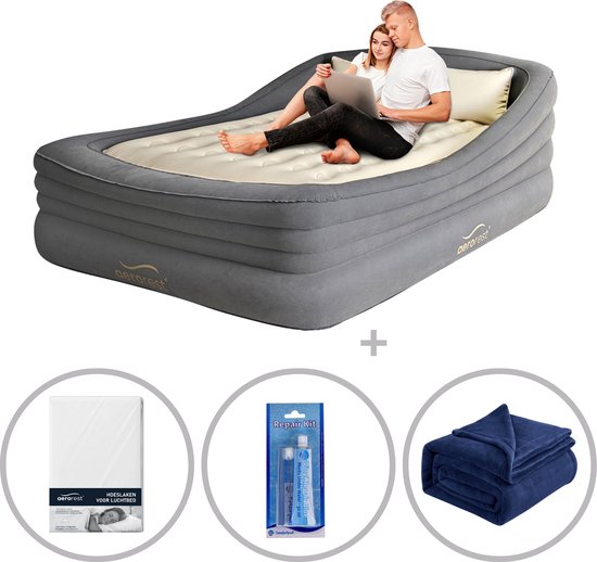 AeroRest Prime Frame 2-persoons luchtbed - Extra lang | 210 cm | Inclusief bijpassend hoeslaken + 2 fleece dekens + reparatiekit | Ideaal luchtbed voor langere personen | 2-in-1 luchtbed van Merkloos