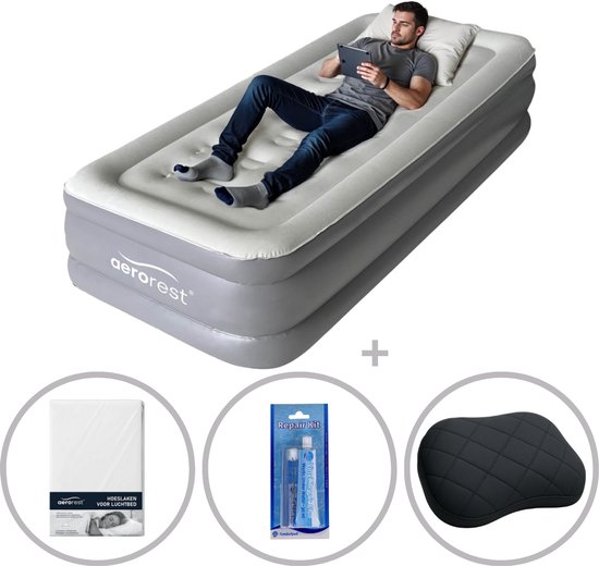 AeroRest Supreme Plush XL 1-persoons luchtbed | 210 x 99 x 46 cm | Inclusief bijpassend hoeslaken + reparatiekit + opblaasbaar hoofdkussen | Extra lang 210 cm | Ideaal voor lange mensen van Merkloos
