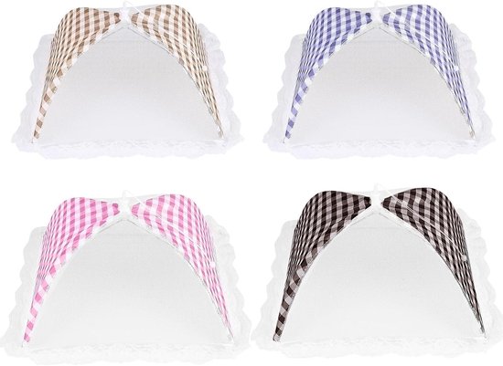 Afdekking voor levensmiddelen, opvouwbaar, 4 stuks, 32 x 32 cm, ademend net, muggenbescherming, voor buiten en keuken, fruitschaal met deksel