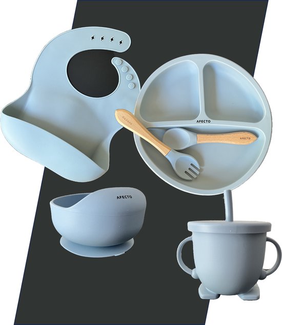 Afecto eetset voor kinderen - servies set 6 delig - siliconen onbreekbaar - eenvoudig schoonmaken - blauw - complete set van Afecto