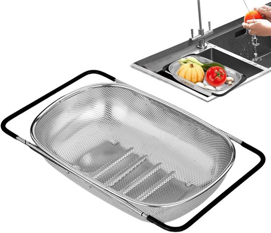 Afgieter Vergrendelbaar - Zeedezeef - Groenten Wassen - Uitschuifbare Grip - 39x25x10 cm - Multicolor
