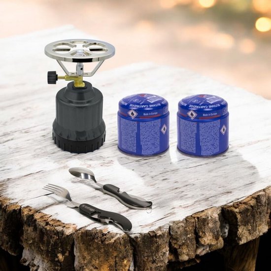 AGDESIGN - Compact gas kooktoestel + 2 gaspatronen & handig bestek – klaar voor kamperen