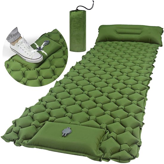 AIMASON Luchtbed voor 1 Persoon - Legergroen Oplaadbaar Slaapkussen voor Buiten - Zelf-opblazen met Voetpomp - Waterafstotend Vlekbestendig - 150kg Gewichtslimiet - Lichtgewicht 40D Nylon TPU