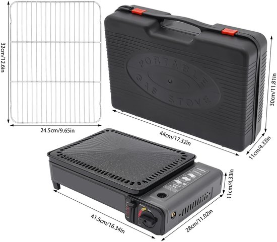 Aiverig® Butaan Camping Kooktoestel & Tafelgrill – Draagbare Gas Stove met Grillrooster – Butaan & LPG aansluiting – Piezo-ontsteking, Vetlade & Opbergkoffer – Compact Zwart 41,5×28×11 cm – Voor Camping, Picknick & Tuin van Merkloos