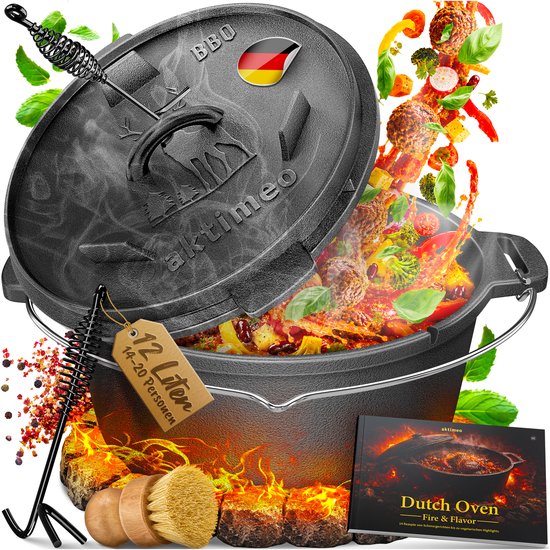 aktimeo Dutch Oven 12,0 L gietijzeren pan met deksel incl. accessoires en receptenboek