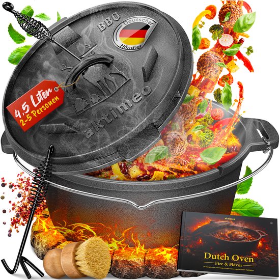 aktimeo Dutch Oven 4,5 L gietijzeren pan met deksel incl. accessoires en receptenboek