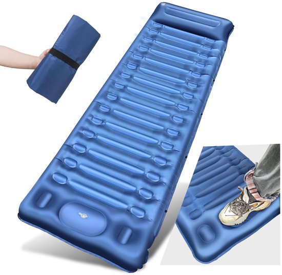 aladdien - Campingmat - Zelfopblaasbaar - Upgrade slaapmat met kussen - Blauw - Outdoor mat voor wandelen - Geschikt voor tent en strand