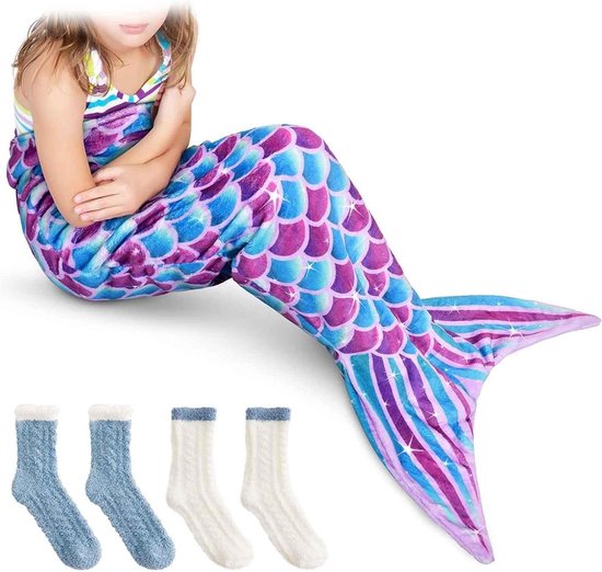 Allecta - Zeemeerminstaart deken flanel draagbaar 130 x 50 cm - koraal pluche sokken - slaapsokken paars blauw - slaapzak voor volwassenen en kinderen van Merkloos