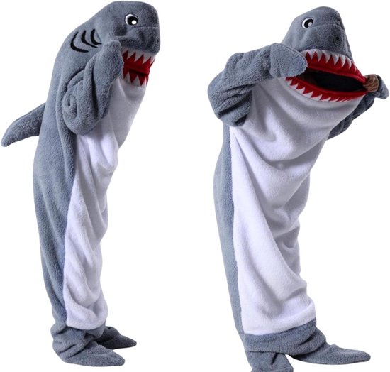 Allecto Plus - Draagbare Haaiendeken voor Dames en Heren - Superzacht - Slaapzak - Onesie - Haai-Kostuum - 220 cm - Donkergrijs - Blauw - XL
