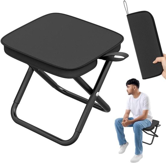Allecto plus - Draagbare klapkruk voor camping - Opvouwbare kruk voor buiten - Lichtgewicht zitting met voetenbank en opbergzak - Ideaal voor wandelen, tuin, vissen en strand - Zwart
