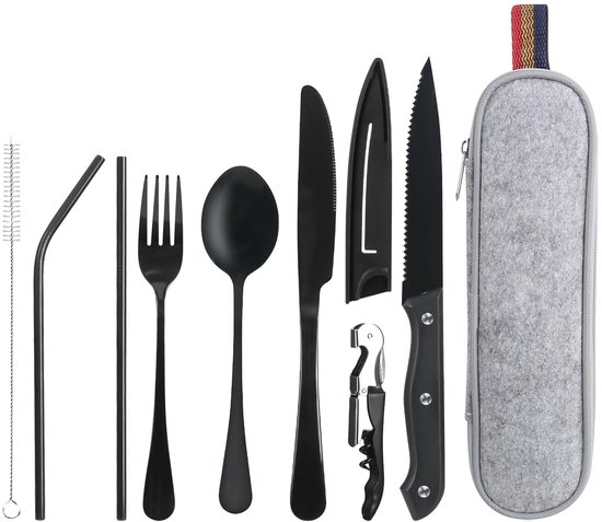 Allecto - Reisbestek Camping Bestek To Go - Draagbaar en Handig - Zwart - Camping Cutlery Set - Perfect voor Avondeten en Picknicken - 9-Delig