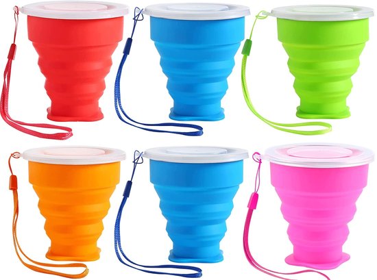 Allecto - Vouwbare Silicone Bekers - Reusable Reisbekers met Deksel - Voor Kamperen en Picknicken - 6 Stuks - Ideaal voor Buitenactiviteiten - Gesc..