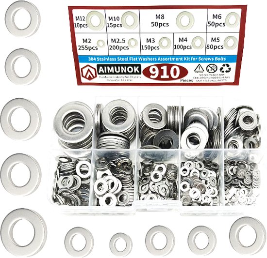 Allernieuwste.nl® 910 Stuks Platte Ringen Assortiment 304 Roestvrijstaal RVS M2 M2.5 M3 M4 M5 M6 M8 M10 M12 Mix Sluitringen ## van Allernieuwste.nl