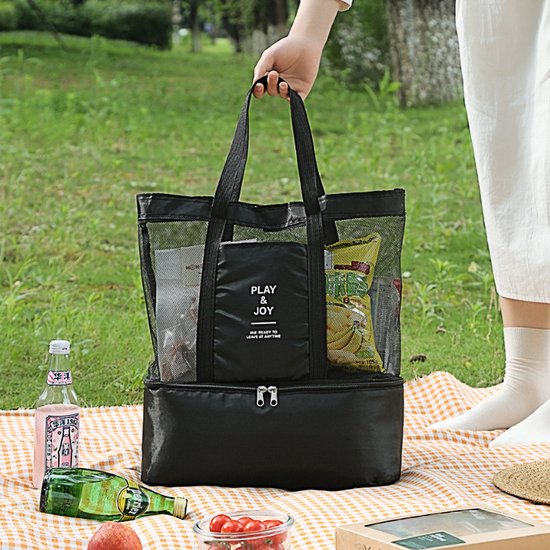 Allernieuwste.nl® PicknickTas StrandTas Koeltas - Ruime Strandtas met Grote Koelruimte 2-in-1 - Kleur Zwart - 37 x 66 x 15 cm van Allernieuwste.nl