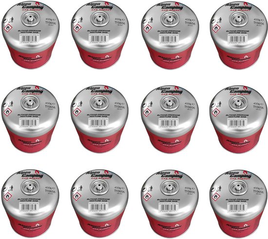 Alpen Camping - 12 stuks Gaspatroon 450g - Certificaat: Pi 0437, voldoet aan EN417, propaan-butaan, bereik -10°c tot + 40°c, 7/16" ventiel met schroefdraad IK020
