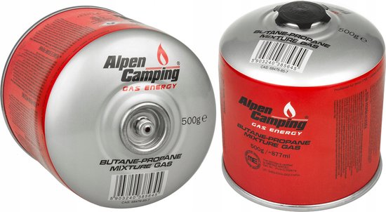 Alpen Camping - 2 stuks van Gaspatroon K008 877 ml / 500 g - certificaat: Pi 043 - 7/16 inch aansluiting voor camping gasfornuis van Merkloos