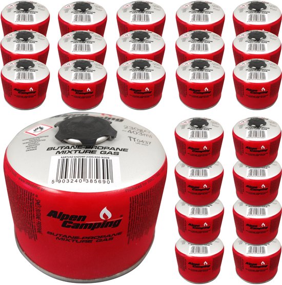 Alpen Camping - 24 stuks Gaspatroon 230g - certificaat: Pi 0656 - Propaan-Butaan, bereik -10°C tot + 40°C, 7/16" draadventiel IK009