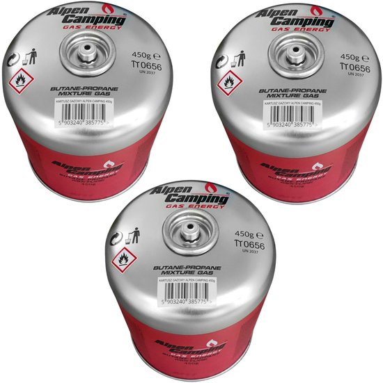 Alpen Camping - 3 stuks Gaspatroon 450g - Certificaat: Pi 0437, voldoet aan EN417, propaan-butaan, bereik -10°c tot + 40°c, 7/16" ventiel met schroefdraad IK020 van Alpen Camping