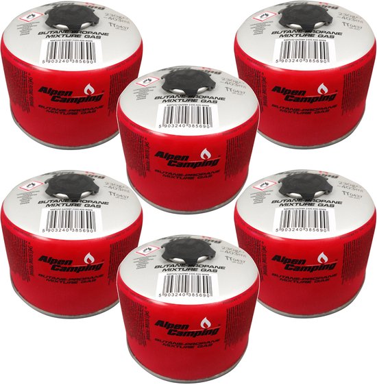 Alpen Camping - 6 stuks Gaspatroon 230g - certificaat: Pi 0656 - Propaan-Butaan, bereik -10°C tot + 40°C, 7/16" draadventiel IK009