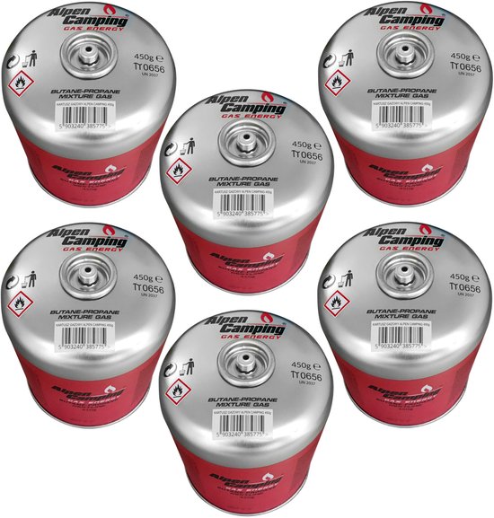 Alpen Camping - 6 stuks Gaspatroon 450g - Certificaat: Pi 0437, voldoet aan EN417, propaan-butaan, bereik -10°c tot + 40°c, 7/16" ventiel met schroefdraad IK020 van Merkloos