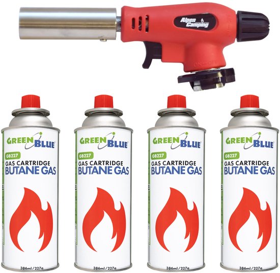 Alpen Camping - Butaan gasbrander - Gasbrander met 4 Gasfles - Gaspatroon van 227 g. Certificaat: Pi 0875, voldoet aan de norm EN 417 van Alpen Camping