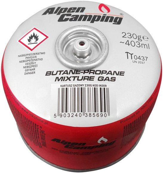 Alpen Camping - Gaspatroon 230g - certificaat: Pi 0656 - Propaan-Butaan, bereik -10°C tot + 40°C, 7/16" draadventiel IK009