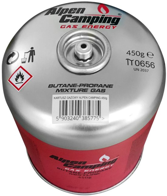Alpen Camping - Gaspatroon 450g - Certificaat: Pi 0437, voldoet aan EN417, propaan-butaan, bereik -10°c tot + 40°c, 7/16" ventiel met schroefdraad IK020 van Alpen Camping