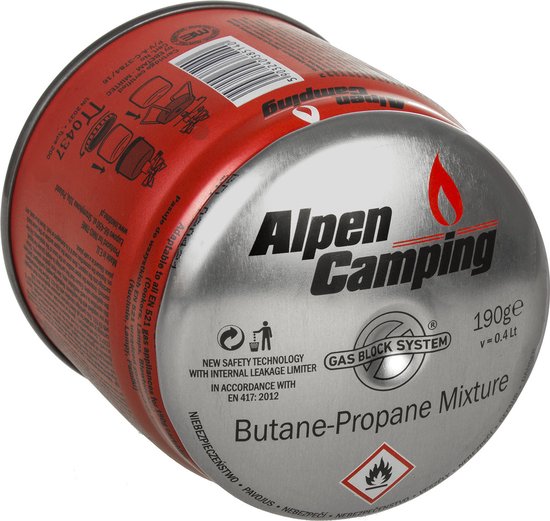 Alpen Camping - Gaspatroon K008 877 ml / 500 g - certificaat: Pi 043 - 7/16 inch aansluiting voor camping gasfornuis van Merkloos