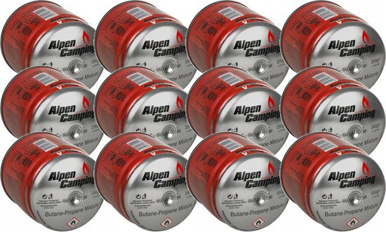 Alpen Camping - Set van 12 stuks Gaspatroon - certificaat: Pi 0437, voldoet aan EN417 - propaan-butaan, bereik -10°c tot + 40°c, GAS STOP systeem IK006 van Merkloos