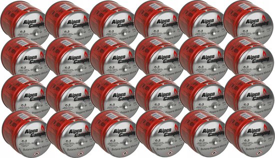 Alpen Camping - Set van 24 stuks Gaspatroon - certificaat: Pi 0437, voldoet aan EN417 - propaan-butaan, bereik -10°c tot + 40°c, GAS STOP systeem IK006 van Merkloos