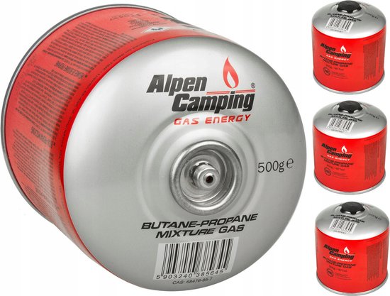 Alpen Camping - Set van 4 stuks - Gaspatroon K008 877 ml / 500 g - certificaat: Pi 043 - 7/16 inch aansluiting voor camping gasfornuis van Alpen Camping