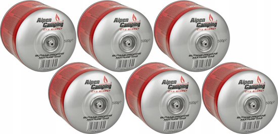 Alpen Camping - Set van 6 stuks - Gaspatroon K008 877 ml / 500 g - certificaat: Pi 043 - 7/16 inch aansluiting voor camping gasfornuis van Alpen Camping