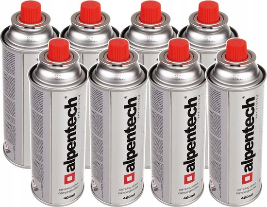 Alpen Camping - set van 8 stuks - Gaspatroon 220g / 380ml | Certificaat: Pi 0875 | Voldoet aan EN521- butaan, werkgebied -10°c tot + 40°c, IK300 van Merkloos