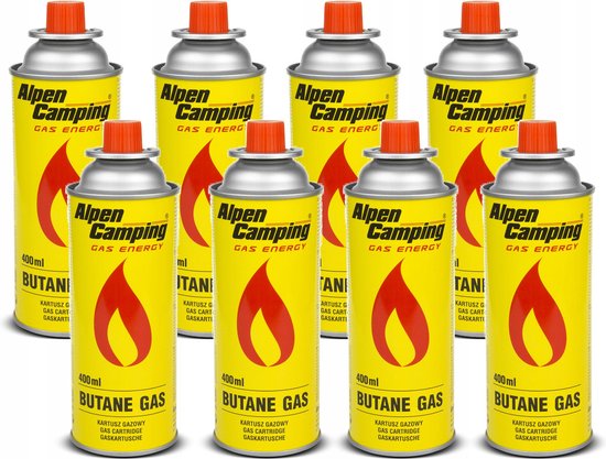 Alpen Camping - Set van 8 stuks - Gaspatroon 400 ml | Certificaat: Pi 0875 | EN417 compliant, isobutaan, werkbereik -10 ° C tot + 40 ° C, IK004 van Merkloos