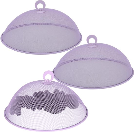 Alpina Vliegenkap/voedselkap - 3x - rond - lila paars - D30 x H15 cm - buiten eten - anti insecten - metaal