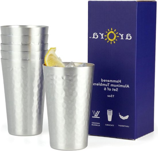 Aluminium Bekers - Gehamerde Tumblers - Buiten Gebruik - Voedselveilig Materiaal - Set van 6 - Zilver