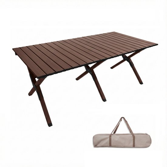 Aluminium Campingtafel 120 cm - Lichtgewicht Roltafel met Houtlook - Opvouwbaar & Compact voor 4-6 Personen - Belastbaar tot 100KG - Opvouwbare tafel Inclusief Draagtas voor Picknick & Tuin - 120x60x45cm - Bruin van Merkloos