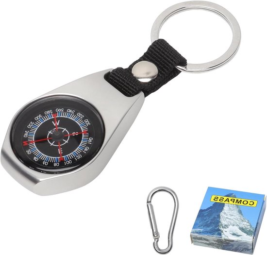 Aluminium sleutelhangerkompas voor outdoor, camping en avontuur. Waterdicht en compact.