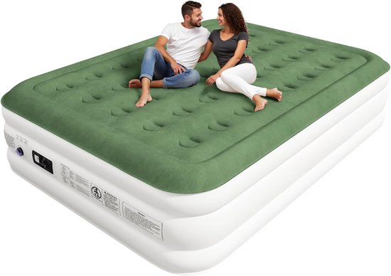 AMA® Luchtbed met Ingebouwde Pomp - Luchtmatrass - Luchtbed - voor 2 Personen - Zelfopblazend - Wit/Groen - 203x152x40cm van Merkloos